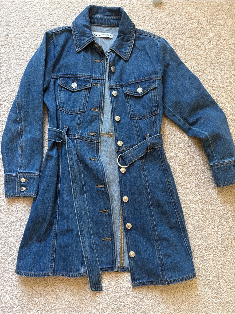 Zara Blue Denim Button-Front dress with Waist Tie